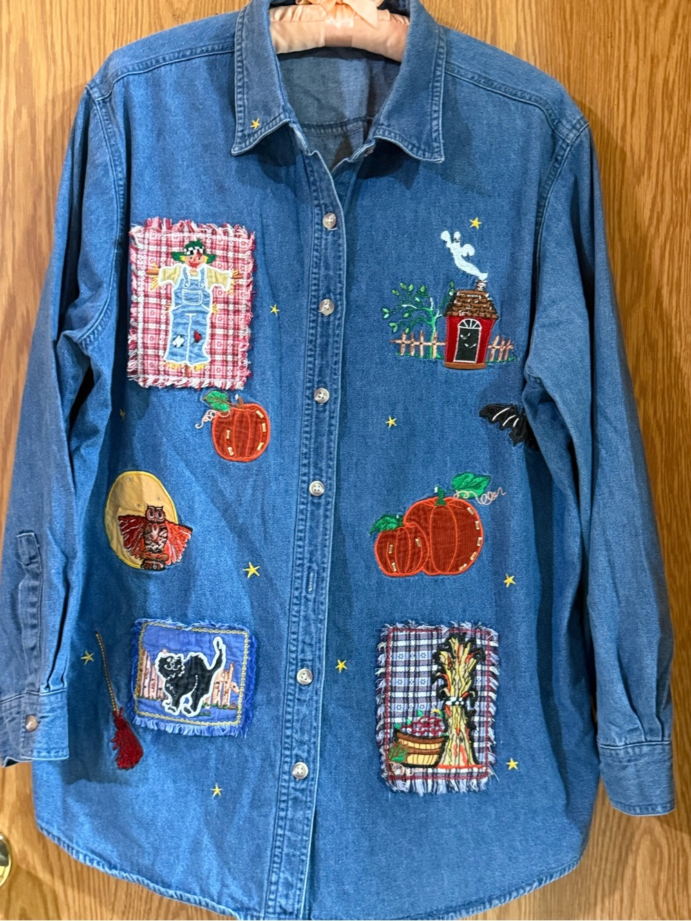 Bobbie Brooks Blue Denim Button-Front Shirt with Autumn Patchwork Embroidery